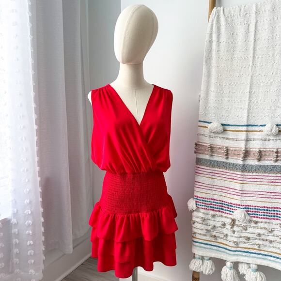 Amanda Uprichard Chantal Red Sleeveless Tiered Smocked Mini Dress Size Medium - Picture 1 of 10